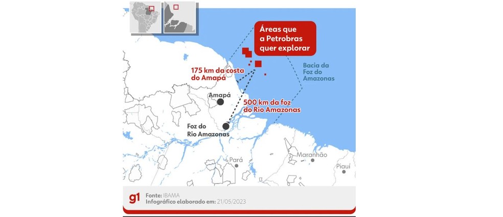 Infográfico mostra o local em que a Petrobras quer explorar petróleo na bacia da Foz do Amazonas — Foto: Arte/g1