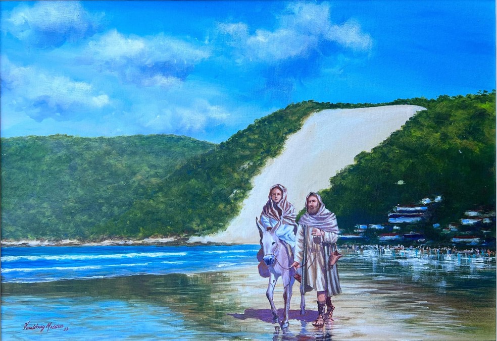 Obra retrata José e Maria em frente ao Morro do Careca, em Natal — Foto: Vandeberg Medeiros