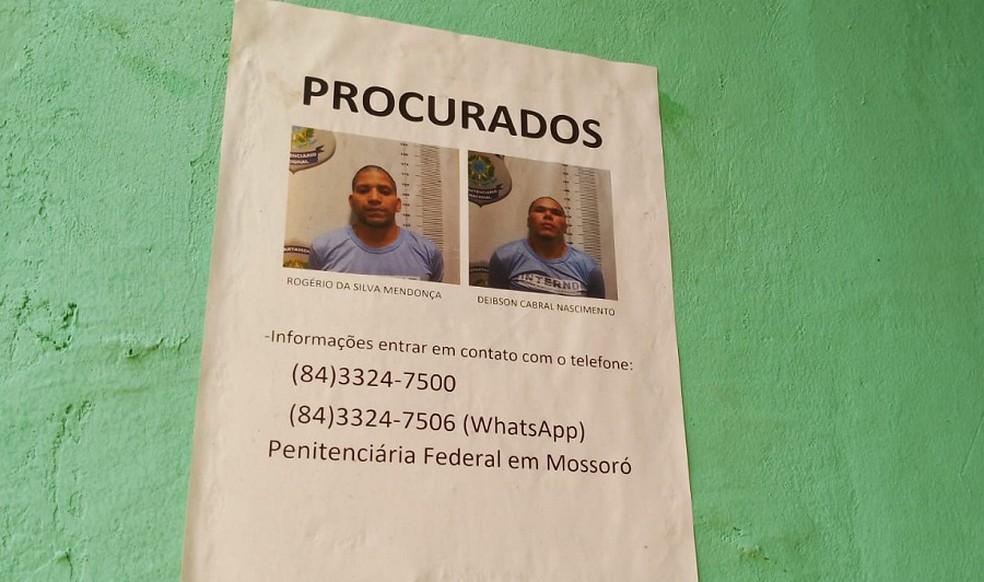 Cartaz com fotos do fugitivos foi espalhada em vários pontos de Baraúna — Foto: Ayrton Freire/Inter TV Cabugi