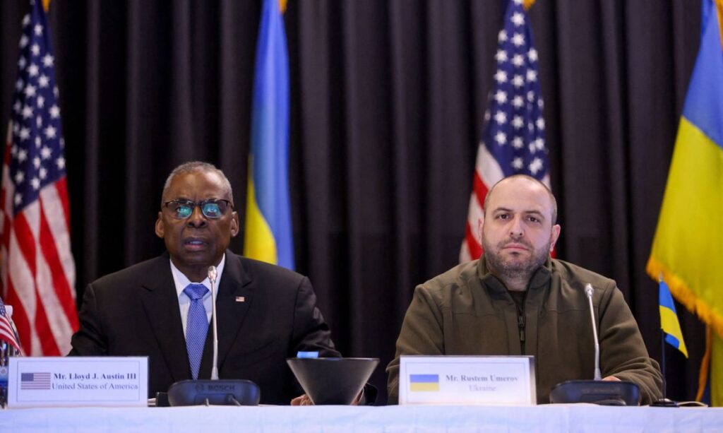 U.S. Secretary of Defense Lloyd Austin and Ukrainian Defence Minister Rustem Umerov attend a meeting of the Ukraine Defense Contact Group at the American military's Ramstein Air Base, near Ramstein-Miesenbach, Germany, March 19, 2024. REUTERS/Thilo Schmuelgen