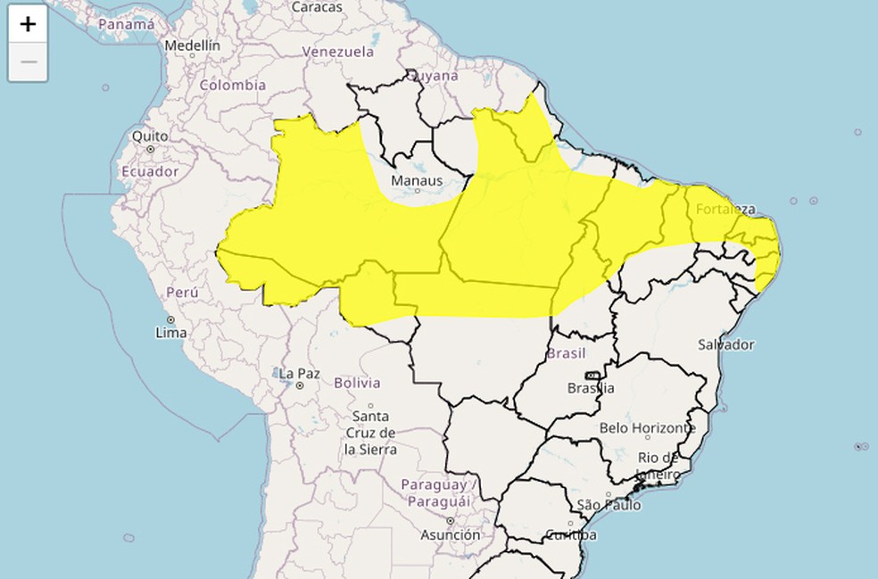 Alerta é para 156 pmunicípios paraibanos e se expande por outros 13 estados brasileiros — Foto: Inmet/Reprodução
