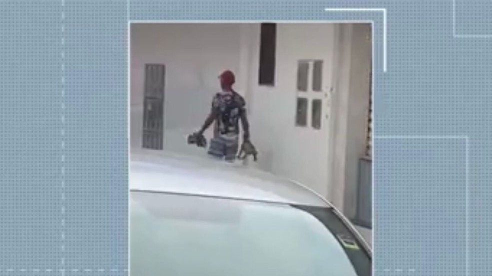 Homem carrega filhote de cachorro pelo pescoço e bate com ele contra as paredes da rua — Foto: TV Cabo Branco/Reprodução