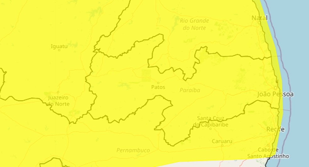 Alerta de vendaval é emitido para todas as cidades da Paraíba — Foto: Reprodução/Inmet