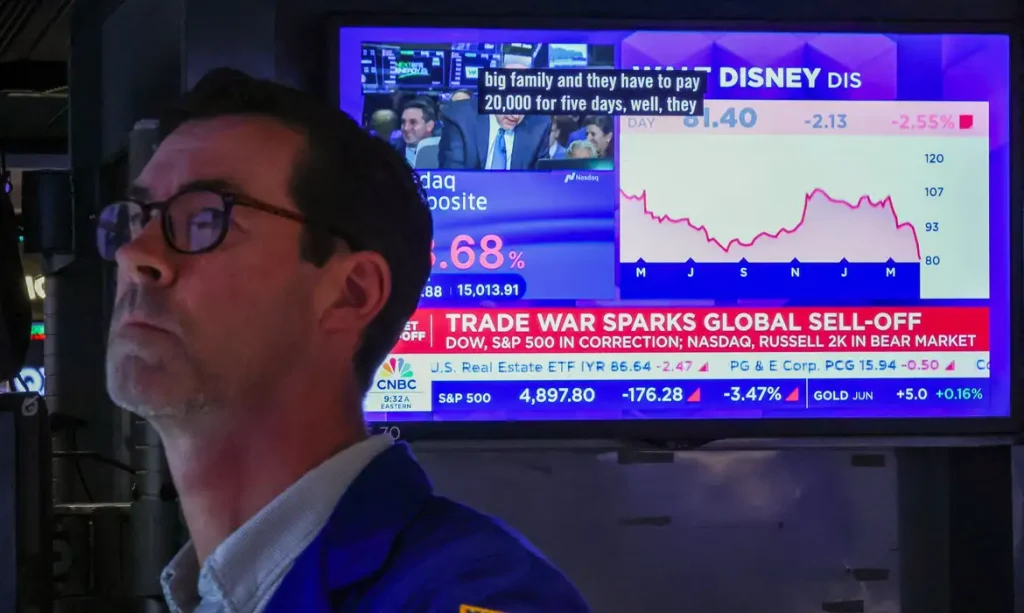 A trader works on the floor at the New York Stock Exchange (NYSE) in New York City, U.S., April 7, 2025.  REUTERS/Brendan McDermid
