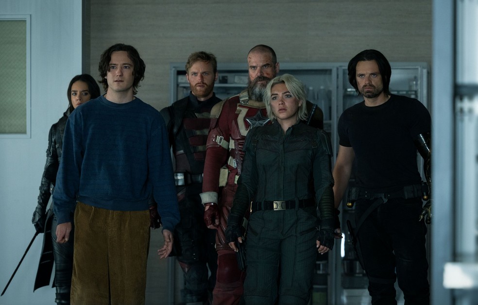 Hannah John-Kamen, Lewis Pullman, Wyatt Russell, David Harbour, Florence Pugh e Sebastian Stan em cena de 'Thunderbolts*' — Foto: Divulgação