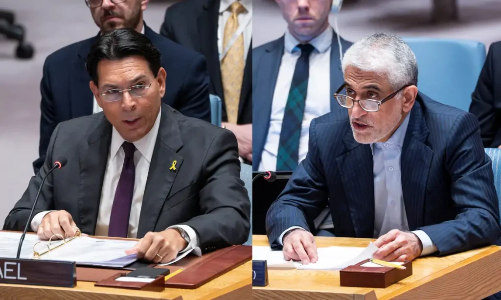 1 - Israel's Ambassador to the United Nations Danny Danon addresses delegates during a meeting of the United Nations Security Council, following U.S attack on Iran's nuclear sites, at U.N. headquarters in New York City, U.S., June 22, 2025. REUTERS/Eduardo Munoz

2 - Iran's Ambassador and Permanent Representative to the United Nations Amir Saeid Iravani addresses delegates during a meeting of the United Nations Security Council, at U.N. headquarters in New York City, U.S., June 17, 2025. REUTERS/Eduardo Munoz