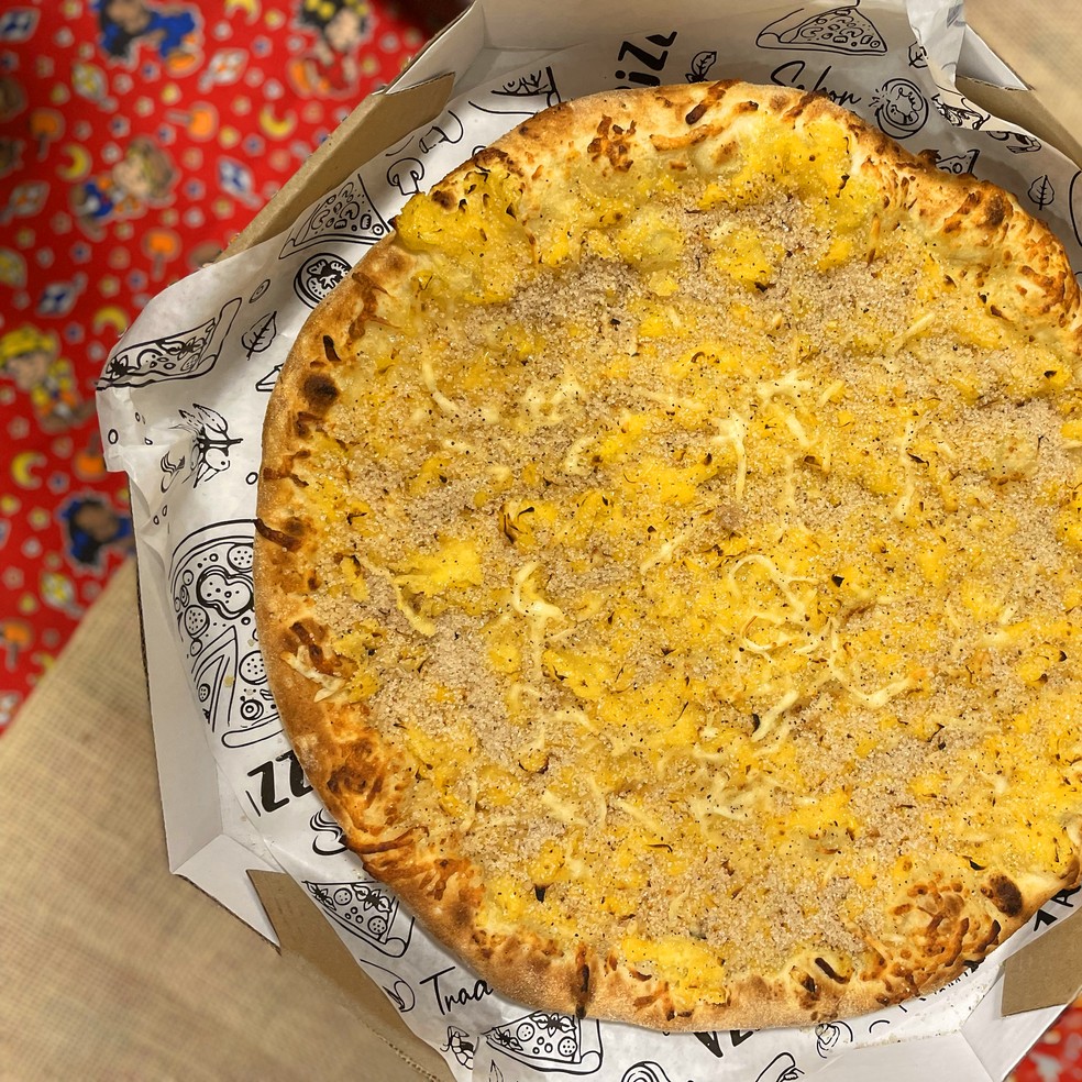 Pizza de canjica produzida em Campina Grande, cidade São João conhecido como o maior do mundo — Foto: Positive Comunicação/Divulgação