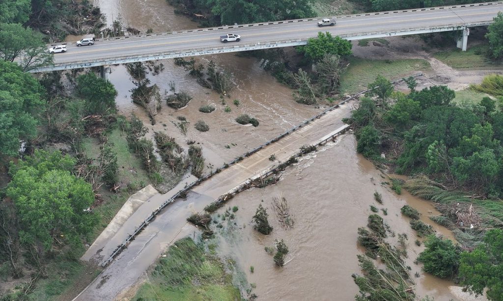 A drone view shows fallen trees, as a result of flash flooding, in Comfort, Texas, U.S., July 5, 2025. REUTERS/Marco Bello