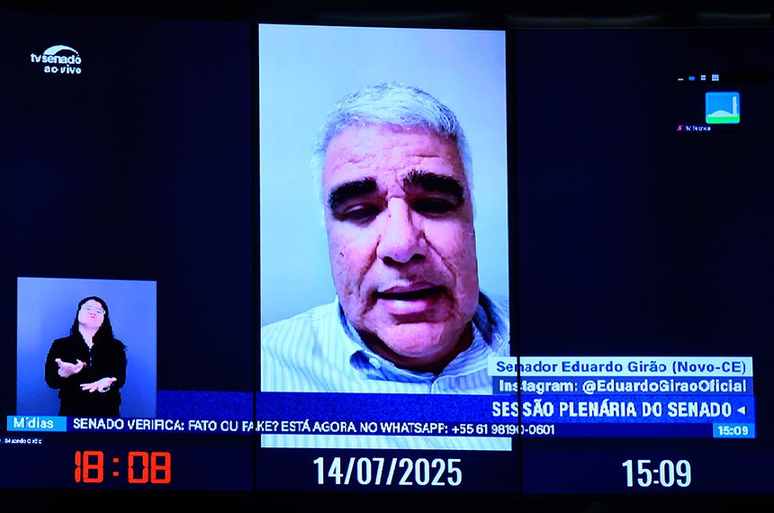 Em pronunciamento, via videoconferência, senador Eduardo Girão (Novo-CE).