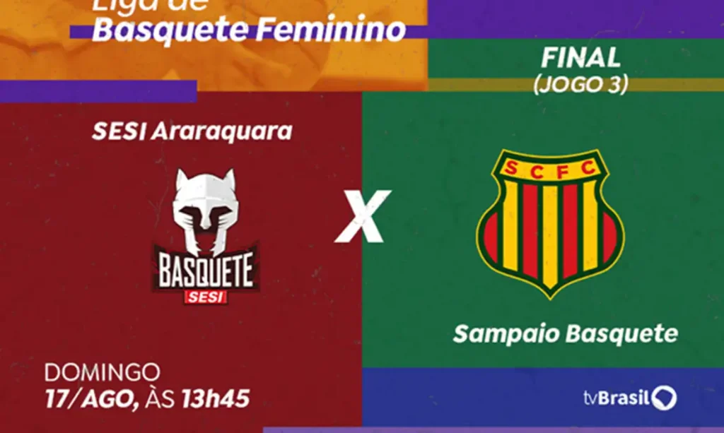Brasília (DF), 15/08/2025 - TV Brasil transmite terceira partida decisiva entre Sesi Araraquara e Sampaio Basquete pela LBF. Arte/Agência Brasil