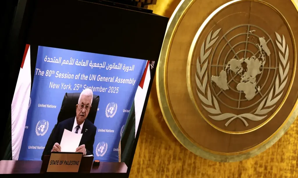 Palestinian President Mahmoud Abbas addresses the 80th United Nations General Assembly via video, at U.N. headquarters in New York, U.S., September 25, 2025.  REUTERS/Caitlin Ochs     TPX IMAGES OF THE DAY