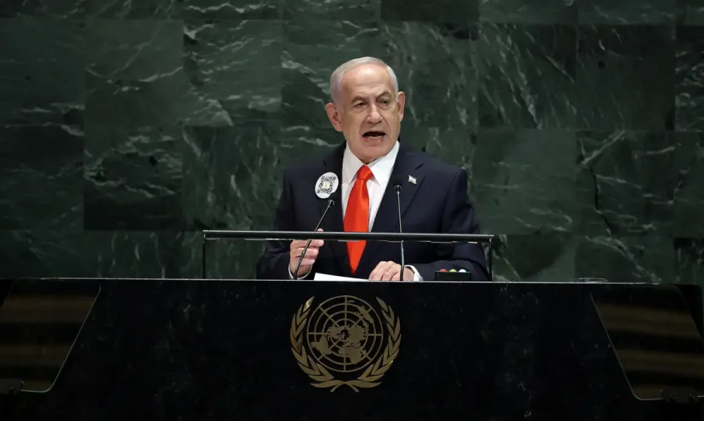 Benjamin Netanyahu em discurso na ONU
 26/9/2025   REUTERS/Jeenah Moon