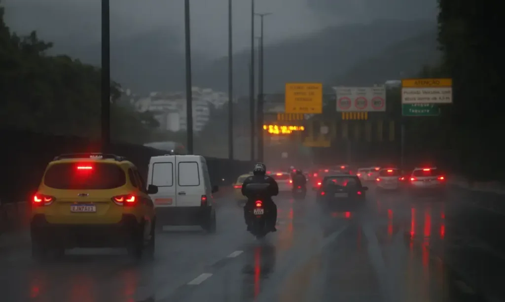 Rio de Janeiro (RJ) 29/01/2025 – Chegada de chuvas faz Defesa Civil enviar alerta extremo na cidade pela primeira vez. Motoristas dirigem sob chuva na Linha Amarela. Foto: Fernando Frazão/Agência Brasil