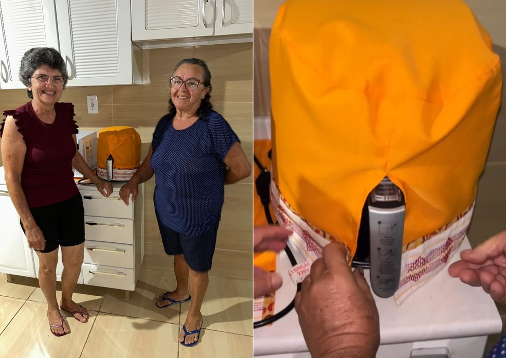 Maria do Socorro e a costureira Telma Gomes com a airfryer no dia da 'prova do look' — Foto: Arquivo da família