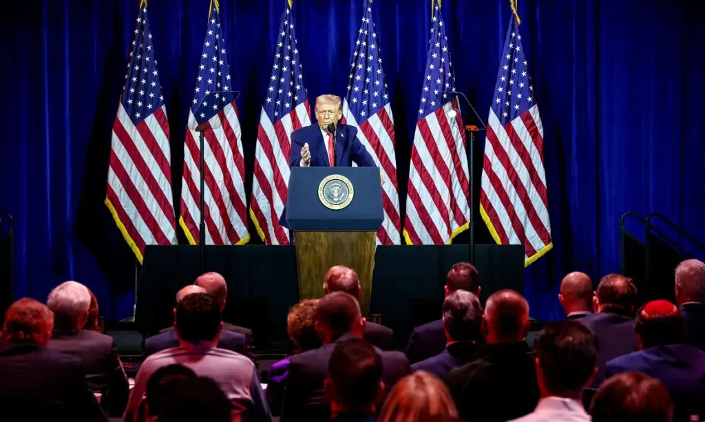 U.S. President Donald Trump addresses House Republicans at their annual issues conference retreat, at the Kennedy Center, renamed the Trump-Kennedy Center by the Trump-appointed board of directors, in Washington, D.C., U.S., January 6, 2026. REUTERS/Kevin Lamarque     TPX IMAGES OF THE DAY