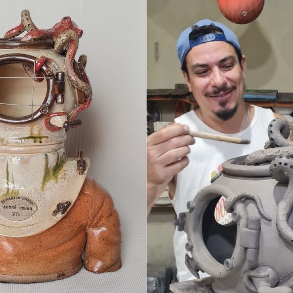 Do lado esquerdo, escultura vencedora do prêmio. À direita, André Renan trabalhando em peça de cerâmica — Foto: Arquivo pessoal/cedidas