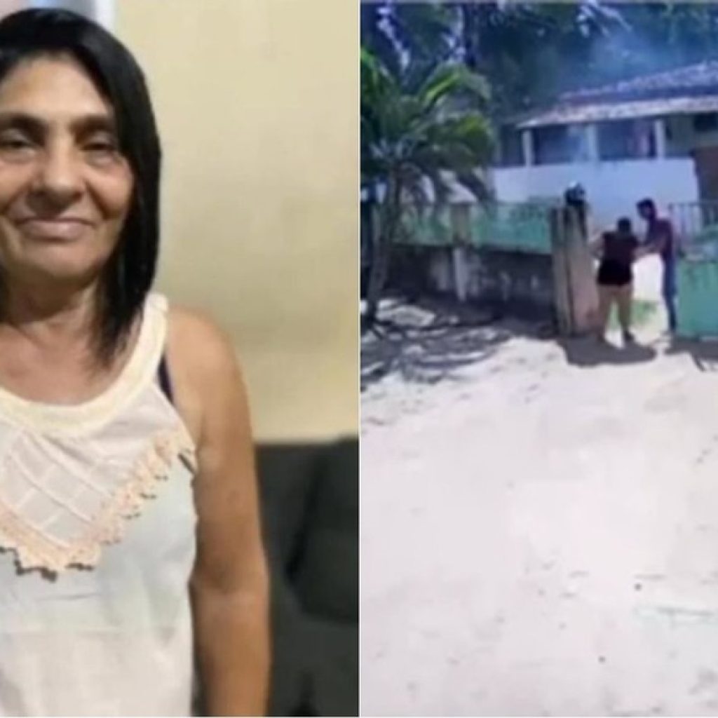 Rita Ramos Bezerra, de 67 anos, que morreu no ataque de abelhas; na imagem ao lado, vizinhos durante tentativa de socorro — Foto: Reprodução