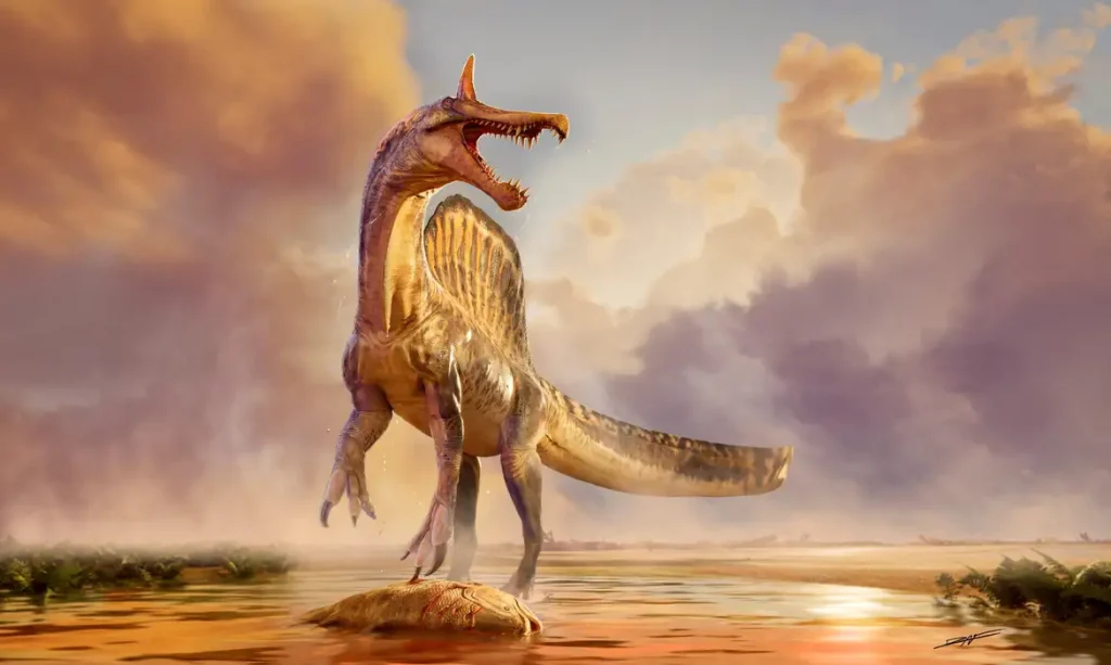 Ilustração mostra um dinossauro Spinosaurus mirabilis em pé na margem da água sobre uma carcaça, há cerca de 95 milhões de anos, no que hoje é o Deserto do Saara, no Níger
A ilustração foi divulgada pela Universidade de Chicago em 19 de fevereiro de 2026
Dani Navarro/Divlugação via REUTERS