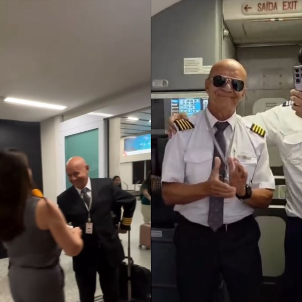 Piloto foi homenageado após desembarcar em Natal — Foto: Divulgação/Natal Airport e Gol