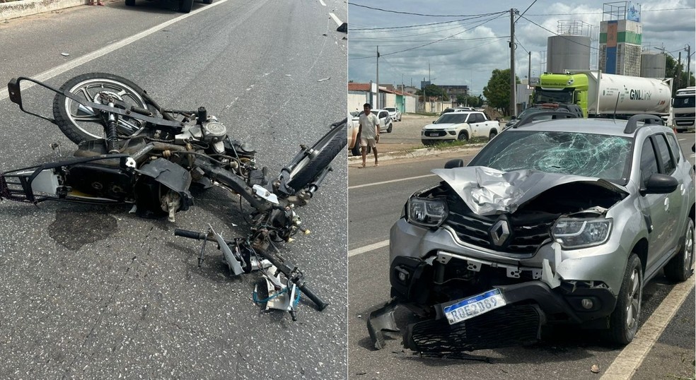 Moto foi atingida por viatura descaracterizada da Polícia Civil do RN — Foto: Iara Nóbrega/Inter TV Costa Branca