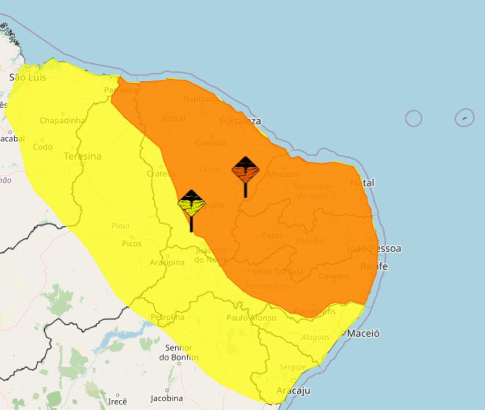 Alertas do Inmet atingem todos os municípios da Paraíba. — Foto: Reprodução/Inmet