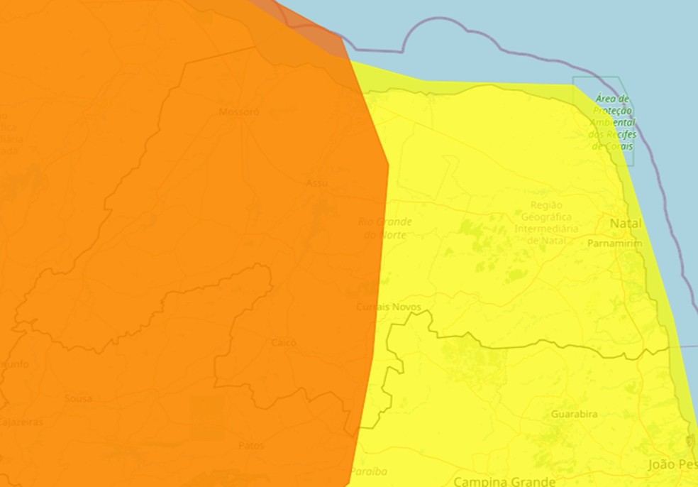 Alertas laranja e amarelo cobrem todo o mapa do Rio Grande do Norte — Foto: Inmet/Reprodução