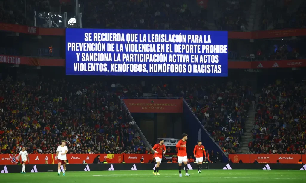 Soccer Football - International Friendly - Spain v Egypt - RCDE Stadium, Cornella de Llobregat, Spain - March 31, 2026 A big screen displays a anti discrimination message inside the stadium during the match REUTERS/Albert Gea
