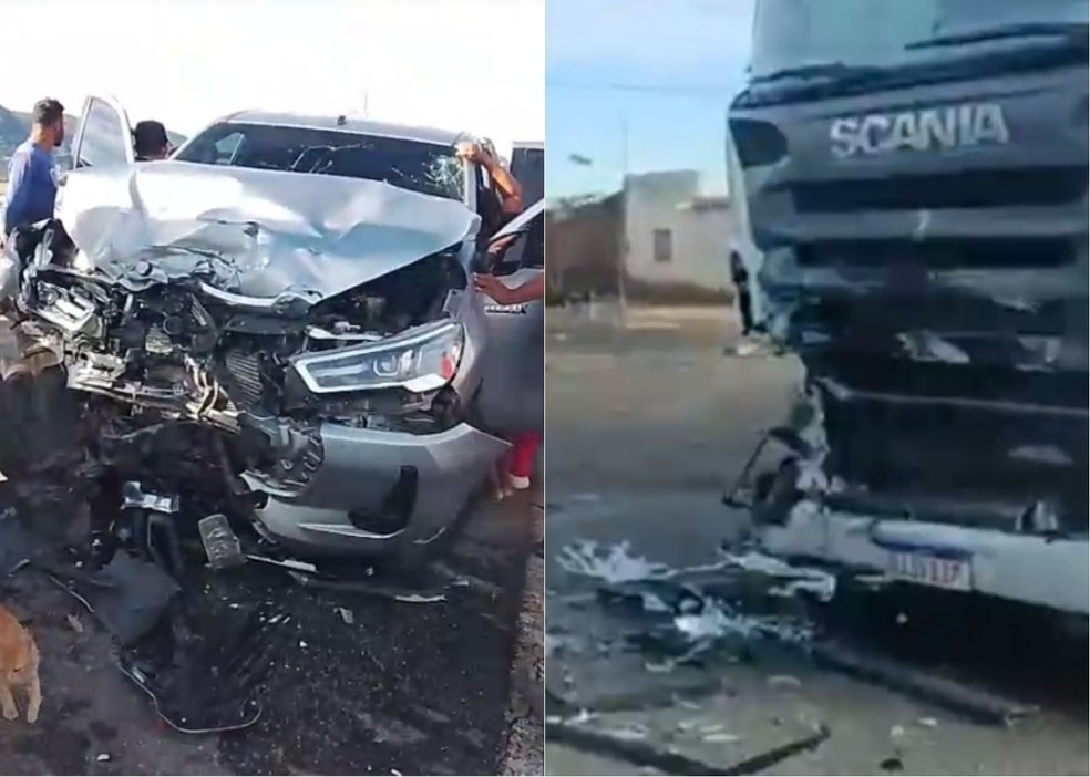 Colisão frontal entre caminhonete e caminhão ocorreu na manhã de sábado (4) na BR-226 — Foto: Reprodução