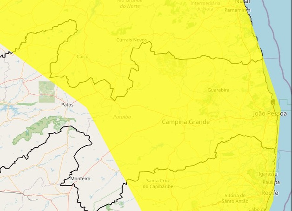 Inmet emite alerta de perigo potencial de chuvas intensas para João Pessoa e mais de 148 cidades da PB — Foto: Reprodução / Inmet