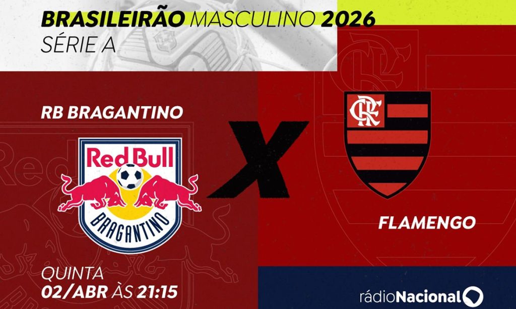 Brasília (DF), 11/03/2026 - A Rádio Nacional, emissora da Empresa Brasil de Comunicação (EBC), leva ao ar, nesta quinta-feira (2), a partida entre RB Bragantino e Flamengo pelo Campeonato Brasileiro Masculino. Arte/Agência Brasil