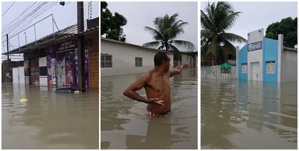 Colinas do Sul, bairro de João Pessoa, registrou alagamento em vários pontos — Foto: Reprodução/TV Cabo Branco