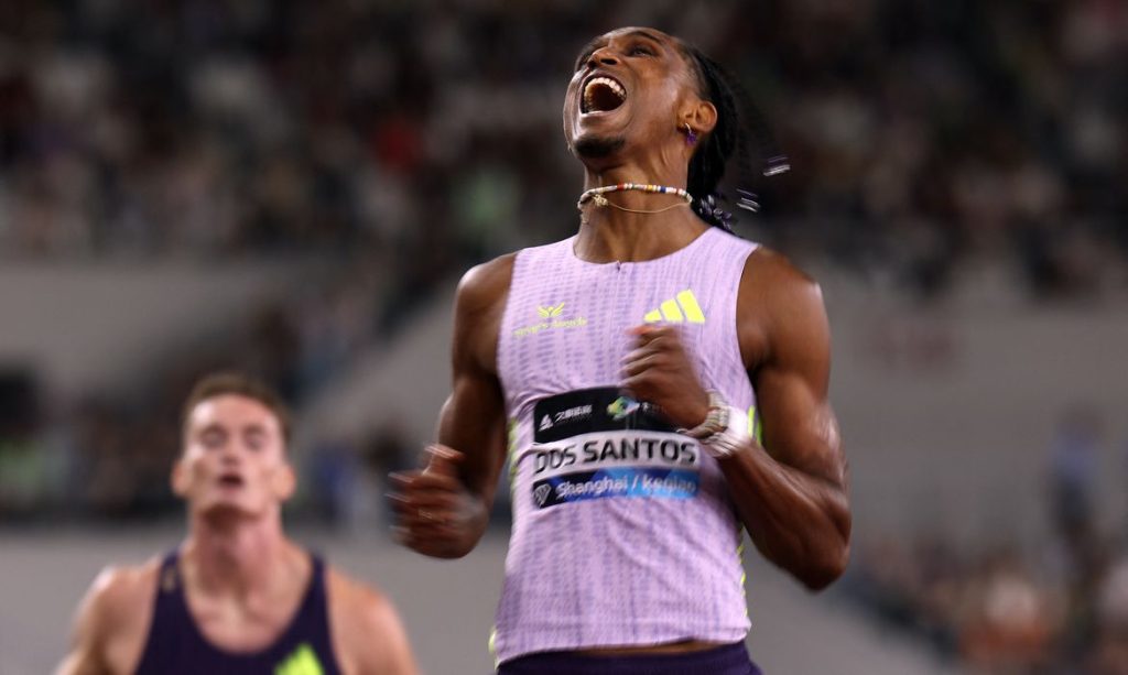 Athletics - Diamond League - Shanghai/Keqiao - China Textile City Sports Center, Shaoxing, China - May 16, 2026 Brazil's Alison dos Santos celebrates after winning the Men's 300m Hurdles to become the new world leader REUTERS/Go Nakamura