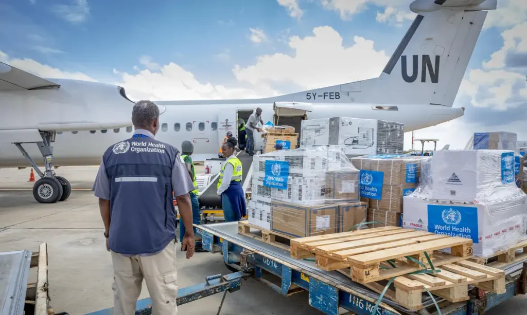 World Health Organization's (WHO) workers mobilise 4.7 tonnes of essential medical supplies and emergency kits to support the affected regions in response to the Ebola outbreak in the Democratic Republic of Congo from the Jomo Kenyatta International Airport (JKIA) in Nairobi, Kenya May 18, 2026.  World Health Organization/Handout via REUTERS THIS IMAGE HAS BEEN SUPPLIED BY A THIRD PARTY