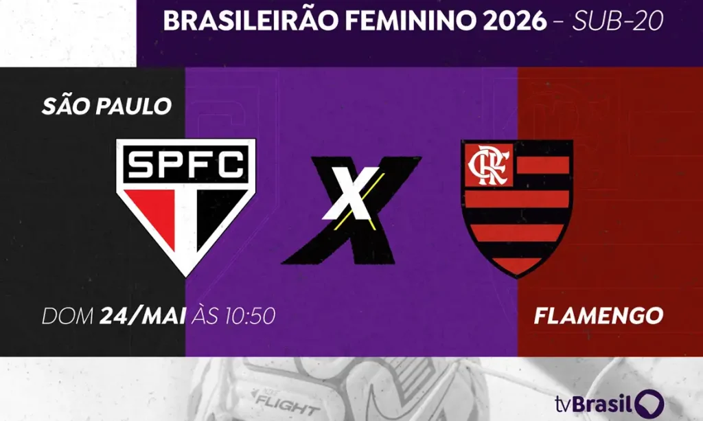 Brasília (DF), 22/05/2026 - TV Brasil transmite final do Brasileirão Feminino Sub-20 entre São Paulo e Flamengo. Arte/EBC