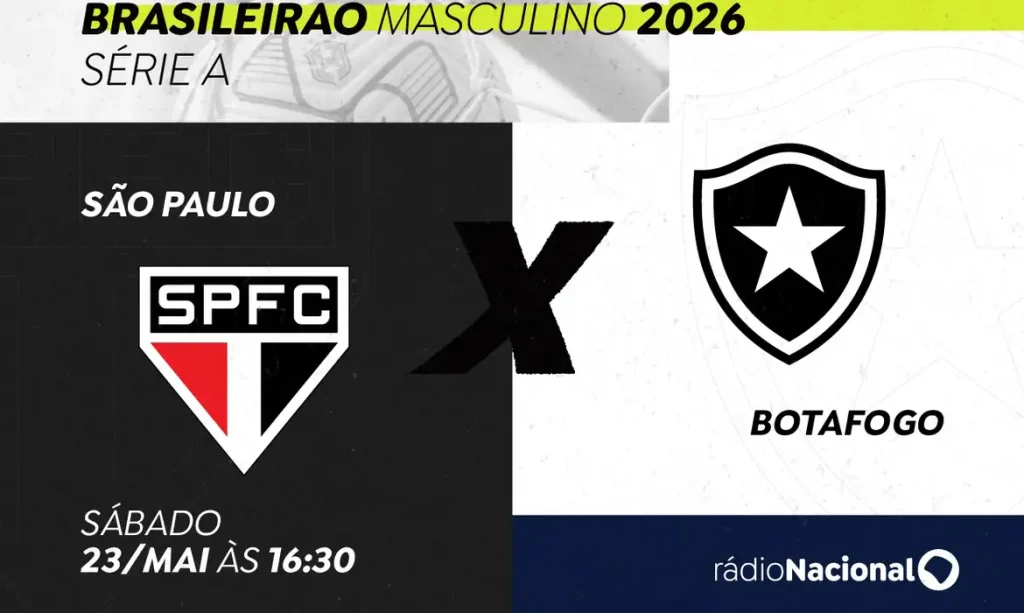 Brasília (DF), 22/05/2026 - A Rádio Nacional leva ao ar neste sábado (23) o confronto entre São Paulo e Botafogo válido pela 17ª rodada do Campeonato Brasileiro Masculino Série A. A transmissão na emissora da Empresa Brasil de Comunicação (EBC). Arte/EBC