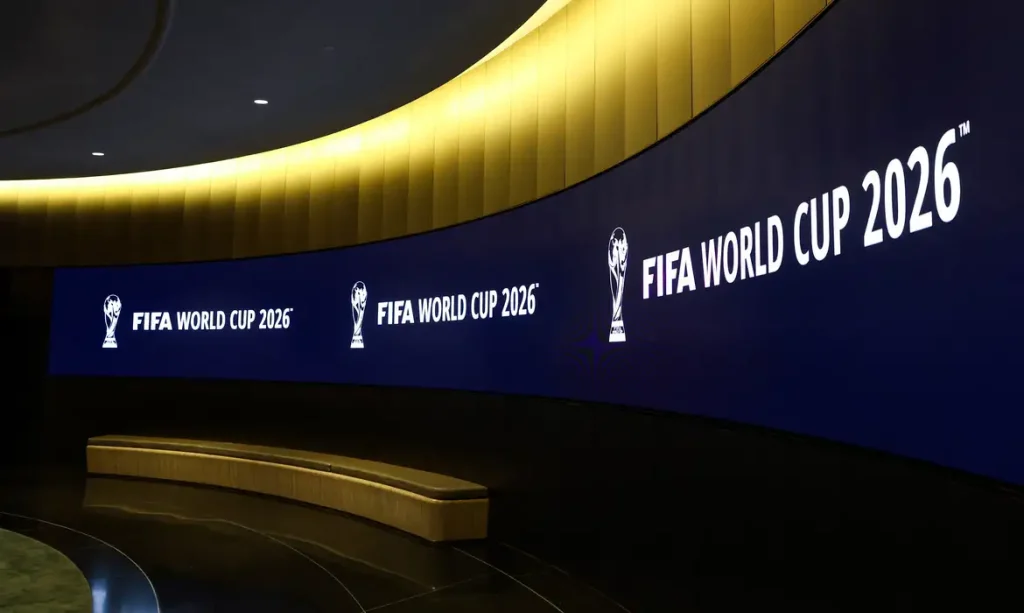 Jun 16, 2022; New York, New York, USA; A general view of a hallway showing the FIFA World Cup 2026 logo leading to the FIFA World Cup Announcement room. Mandatory Credit: Jessica Alcheh-USA TODAY Sports