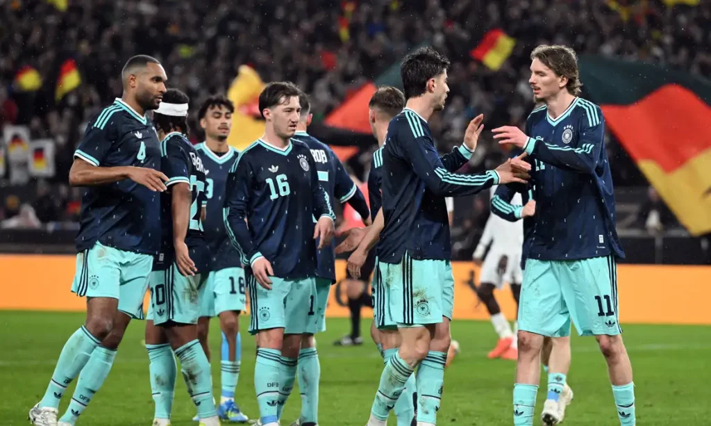 Soccer, Men: International matches, Germany - Ghana, MHPArena, Jonathan Tah (Germany), Kai Havertz (Germany), Angelo Stiller (Germany), Florian Wirtz (Germany) and Nick Woltemade (Germany) celebrate the 1:0 goal.