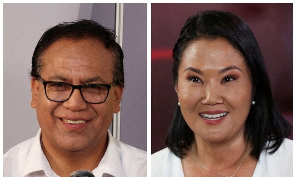 Peru - 05/06/2026 - A combination picture shows Peru's leftist candidate Roberto Sanchez and right-wing presidential candidate Keiko Fujimori speaking during a televised debate ahead of the June 7 runoff presidential vote, in Lima, Peru, May 31, 2026. REUTERS/Alessandro Cinque/Proibida reprodução