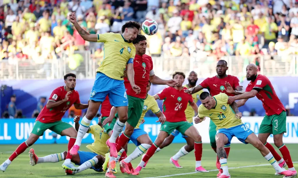 Soccer Football - FIFA World Cup 2026 - Group C - Brazil v Morocco - New York/New Jersey Stadium, East Rutherford, New Jersey, U.S. - June 13, 2026 Brazil's Marquinhos in action with Morocco's Achraf Hakimi REUTERS/John Sibley