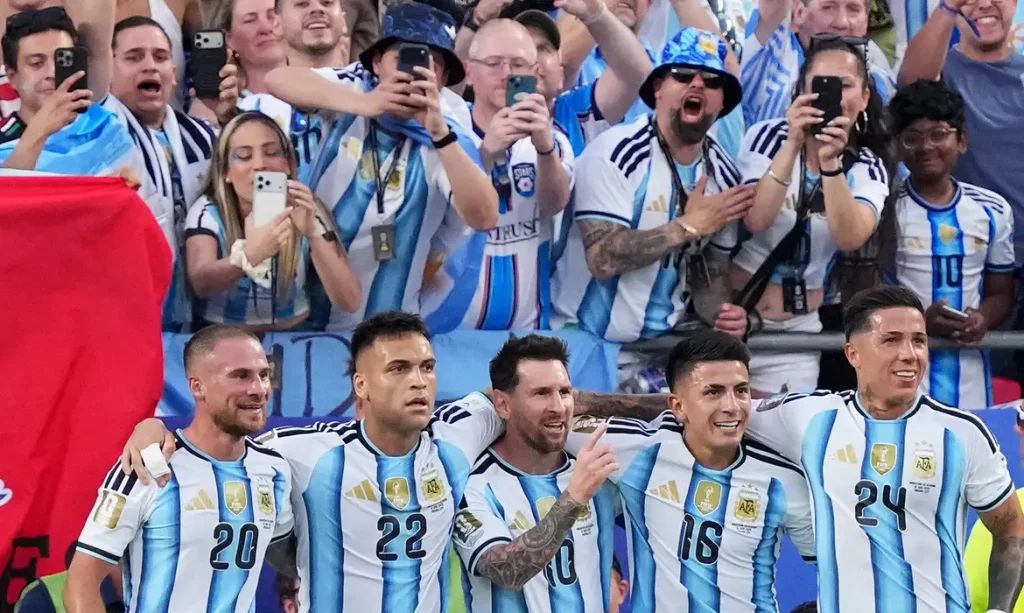 Soccer Football - FIFA World Cup 2026 - Group J - Argentina v Algeria - Kansas City Stadium, Kansas City, Missouri, U.S. - June 16, 2026
Argentina's Lionel Messi celebrates scoring their first goal with Alexis Mac Allister, Lautaro Martinez, Thiago Almada and Enzo Fernandez IMAGN IMAGES via Reuters/Jay Biggerstaff