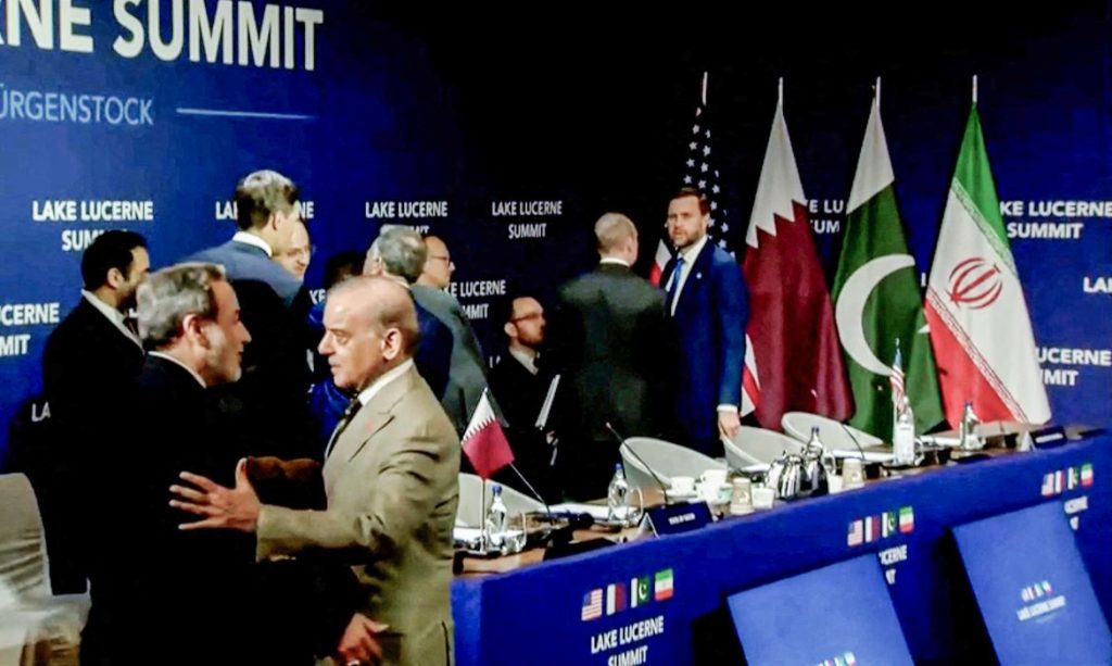 Pakistan's Prime Minister Shehbaz Sharif welcomes Iran's Foreign Minister Abbas Araqchi, as U.S. Vice President JD Vance and  U.S. President Donald Trump's son-in-law Jared Kushner stand in the background, before the start of a quadrilateral meeting between the U.S., Iran, Pakistan, and Qatar at the Lake Lucerne Summit, aimed at advancing a deal to end the Middle East conflict, at Buergenstock Resort Lake Lucerne, near Stansstad, Switzerland, June 21, 2026, in this screenshot obtained from a video. 

US NETWORK POOL via REUTERS 

UNITED STATES OUT. NO COMMERCIAL OR EDITORIAL SALES IN UNITED STATES