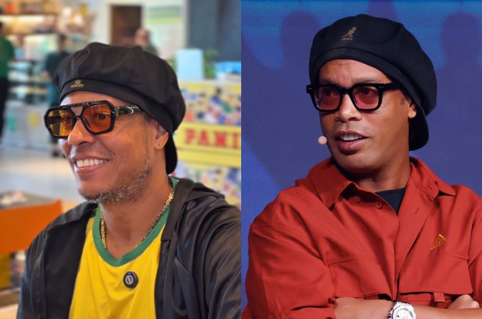 À esquerda, o sósia de Ronaldinho, e no lado direito, o ex-jogador de futebol — Foto: Redes sociais