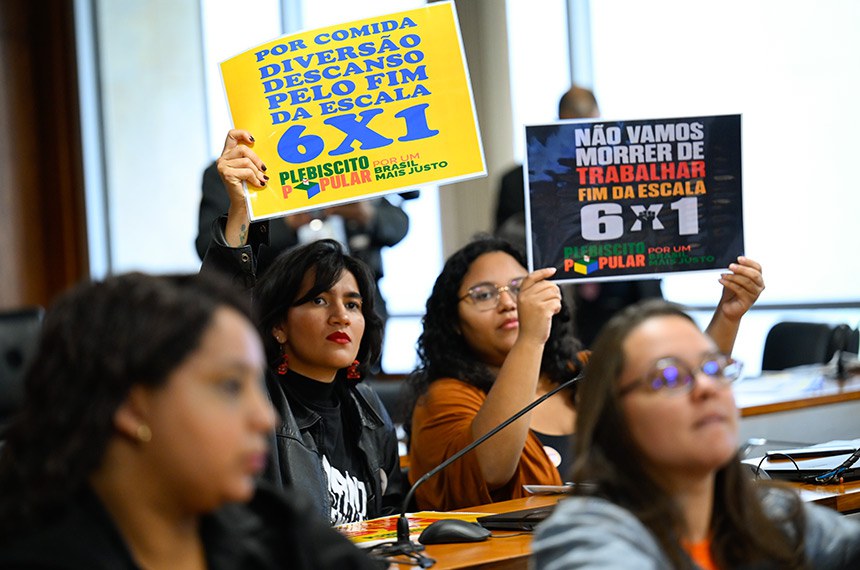 Convidados exibem cartazes na audiência pública.