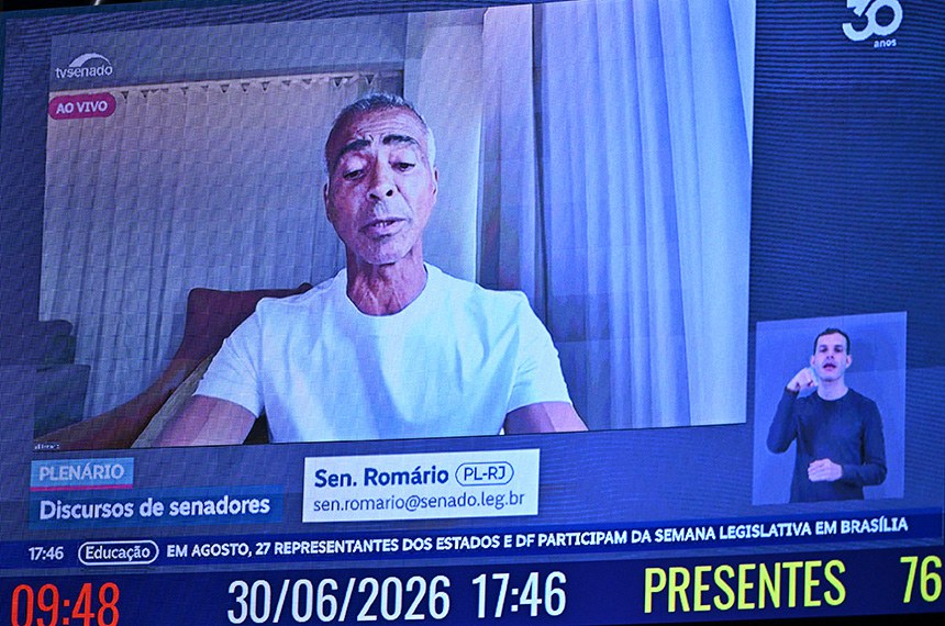Senador Romário (PL-RJ) em pronunciamento via videoconferência.