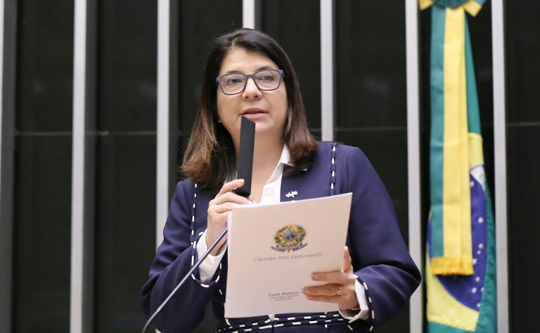 Deputada Carla Dickson fala a microfone