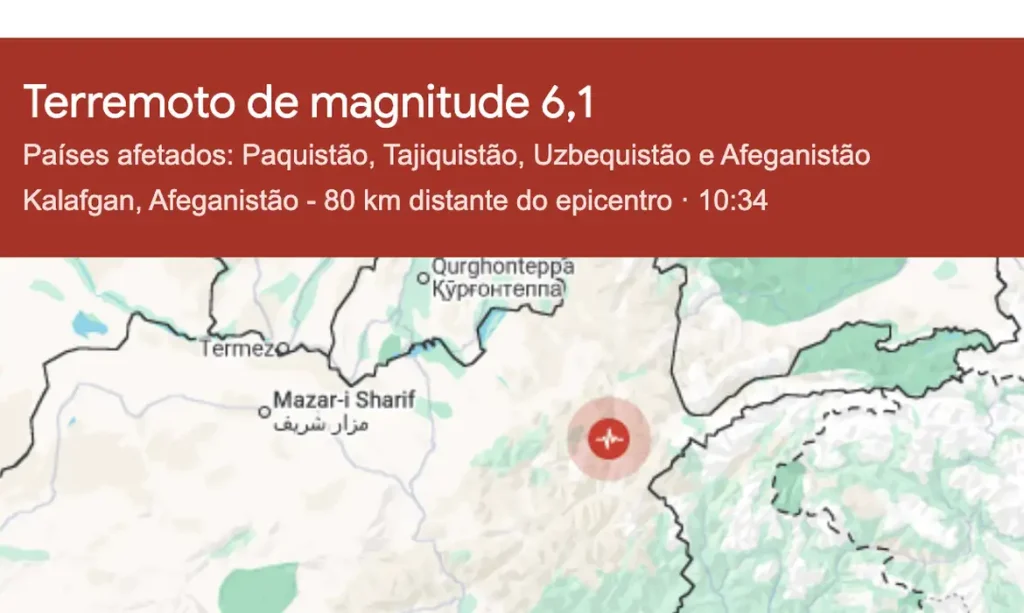 27/06/2026 - Forte terremoto atinge Hindu Kush, sacudindo Afeganistão e Paquistão. Foto: Google/Reprodução