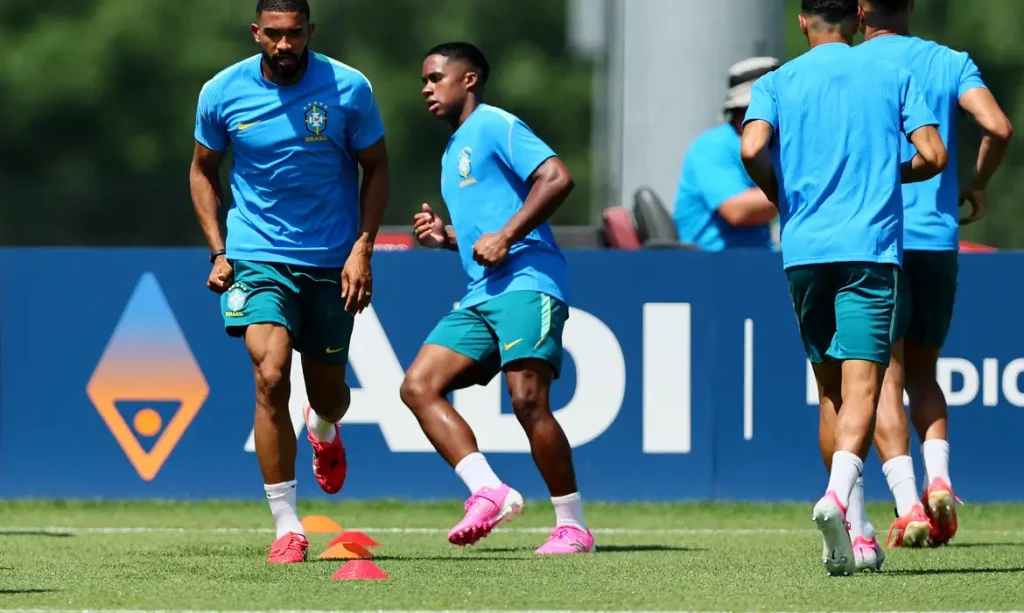Soccer Football - FIFA World Cup 2026 - Brazil Training - Columbia Park Training Facility, Morristown, New Jersey, U.S. - June 12, 2026 Brazil's Bremer and teammates during training IMAGN IMAGES via Reuters/Caean Couto