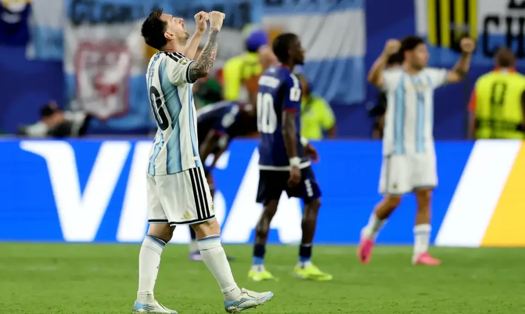 Soccer Football - FIFA World Cup 2026 - Round of 32 - Argentina v Cape Verde - Miami Stadium, Miami Gardens, Florida, U.S. - July 3, 2026
Argentina's Lionel Messi celebrates after the match as Argentina qualify for the Round of 16 stage of the World Cup REUTERS/Paul Childs
