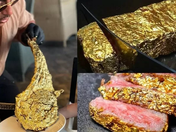 Uma peça generosa de carne folheada a ouro. — Foto: Reprodução