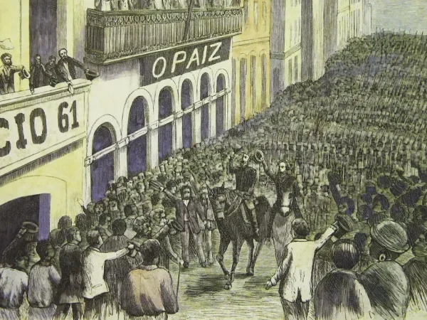 Proclamação da República: ovação popular ao General Deodoro da Fonseca e Bocayuva, na rua do ouvidor, Rio de Janeiro, 1889. Gravura segundo desenho de Veridiano de Carvalho.